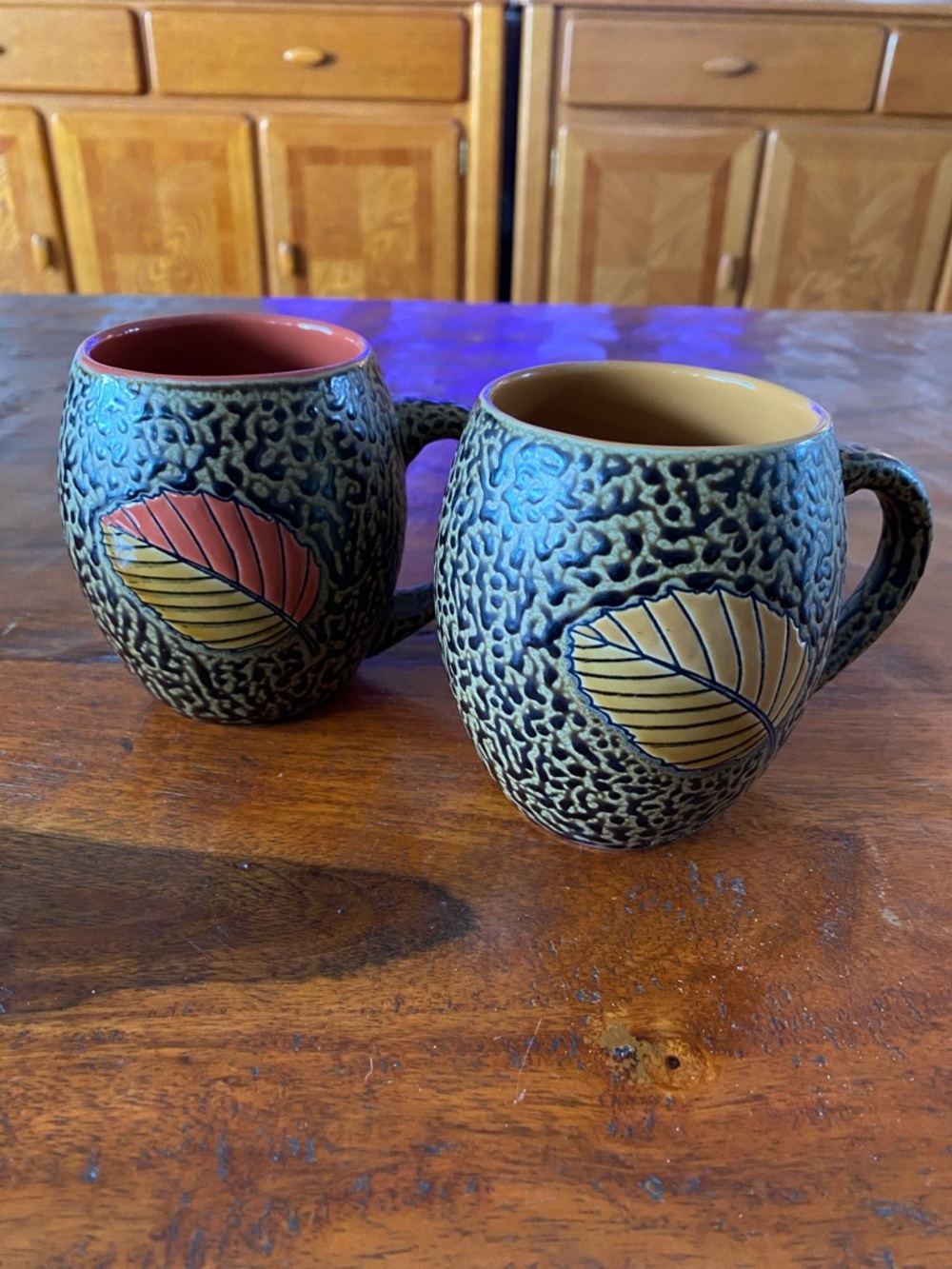 Textured Ceramic Leaf Mugs - Set of 2, Speckled Exterior with Colored Interiors